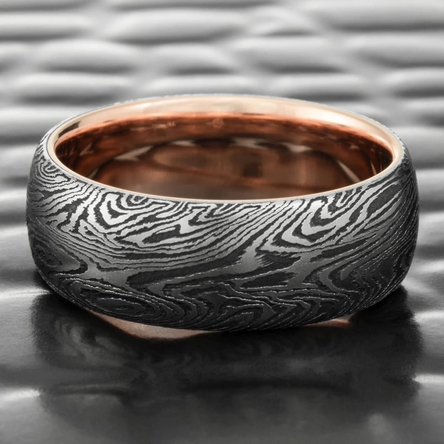 Titanium & Black Zirconium Mokume Wedding Band Domed with 14K Rose